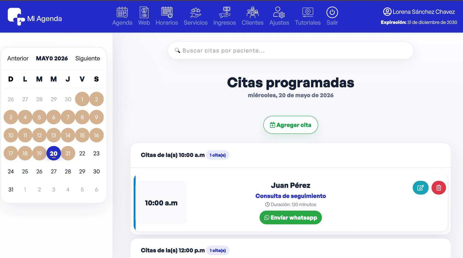 Vista de la plataforma Mi-Agenda